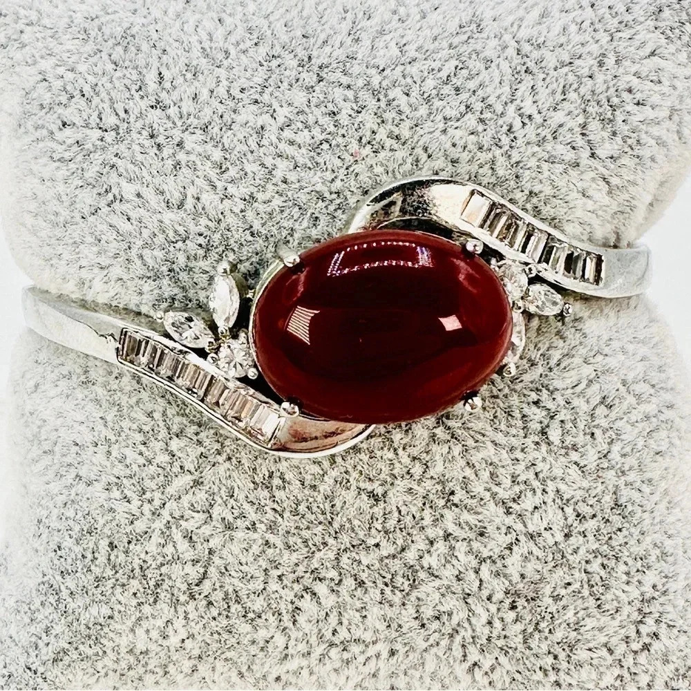 Burgundy Cabochon Glass Bracelet Baguette Rhinestone Silver Tone Hinged … - Picture 10 of 10